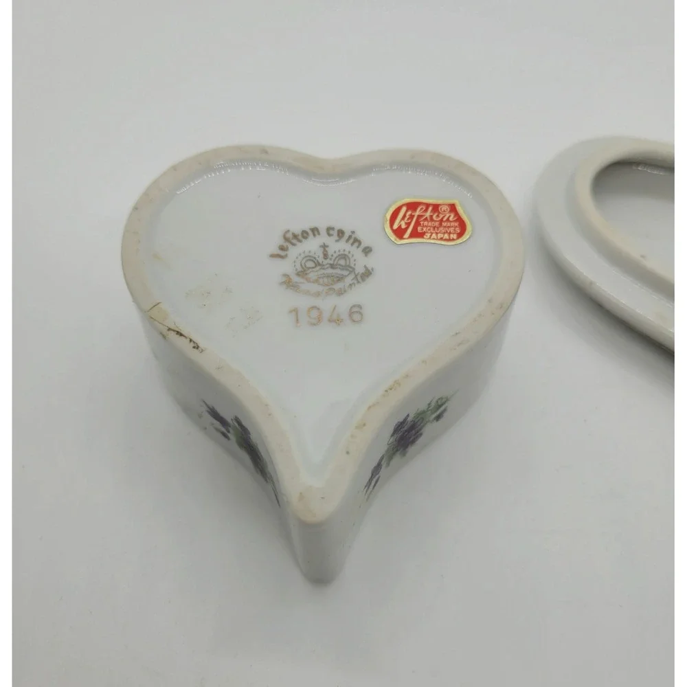 Lefton China Heart‎ Trinket Box Purple Violets Gold Trim Vintage 1946 Japan